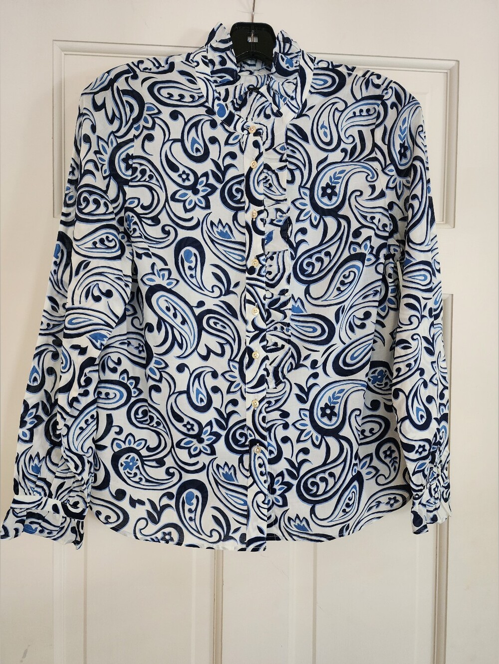 TALBOTS NAVY AND OFF WHITE PRINT BLOUSE WITH RUFFLE TRIM 100% COTTON SZ PS NWT